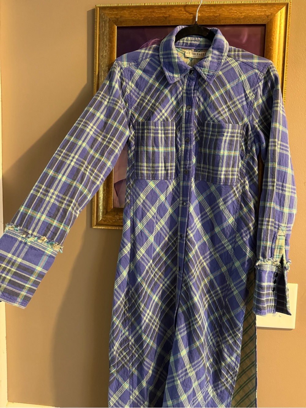 Free People Ruth Plaid Shirt Dress NWT Purple Blue Snap Front Size Small
